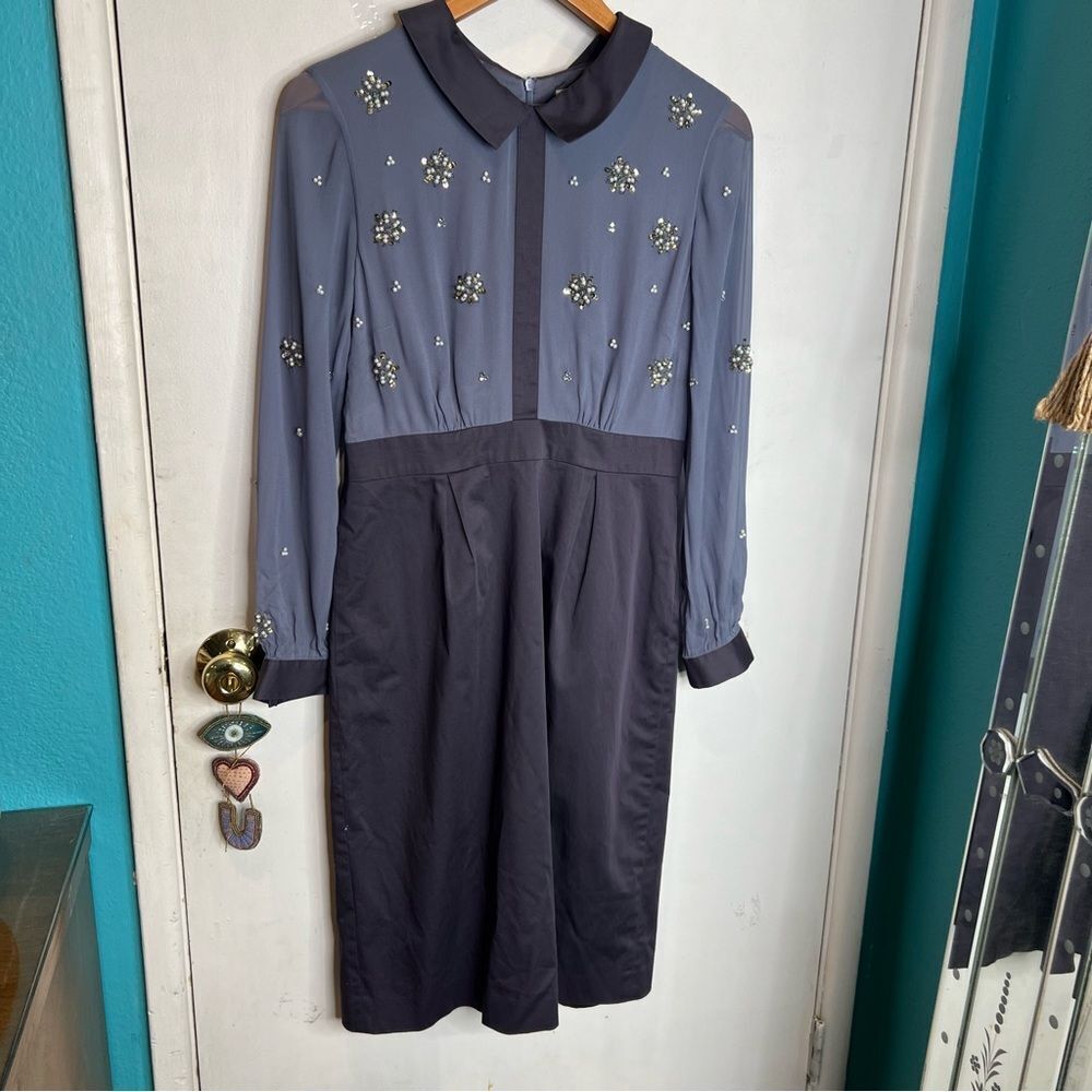 Boden embellished vintage-style dress in a slate blue and navy color scheme